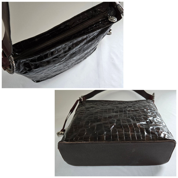 Brighton Shoulder Bag Dark Brown Patent Leather Croc Embossed Classic Purse 12" - Picture 16 of 16